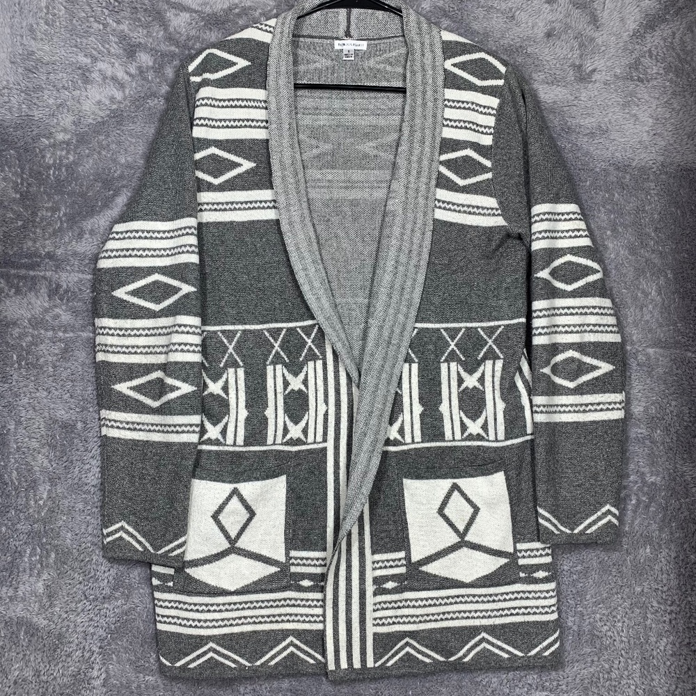 Rebecca Elliot Women's Cardigan Sweater Small Gray White Aztec Tribal Open Front
